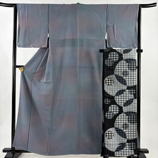 【美品】 小紋 身長161.5cm 袖長64cm M 雙層 斉藤三才 袋帶套裝 落款あり 漸變圖案 灰紫 純蠶絲 優品級