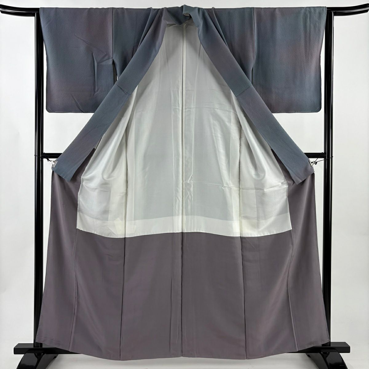 【美品】 小紋 身長161.5cm 袖長64cm M 雙層 斉藤三才 袋帶套裝 落款あり 漸變圖案 灰紫 純蠶絲 優品級