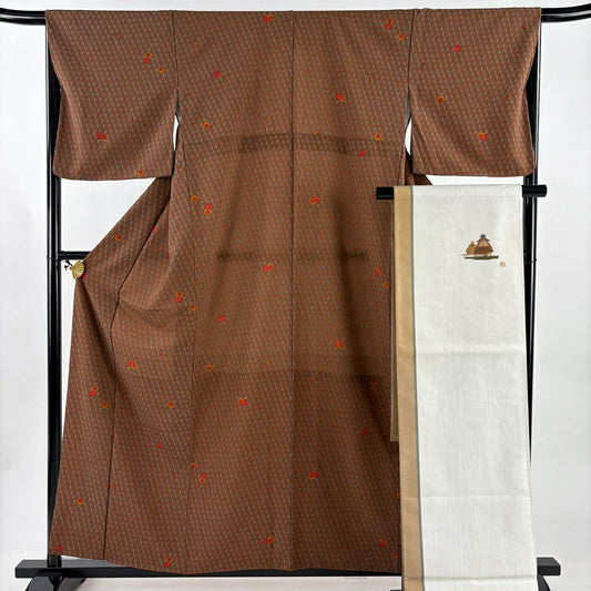 【美品】 小紋 身長158.5cm 袖長65cm M 雙層 袋帶套裝 貓 草花紋 茶 純蠶絲 秀品級