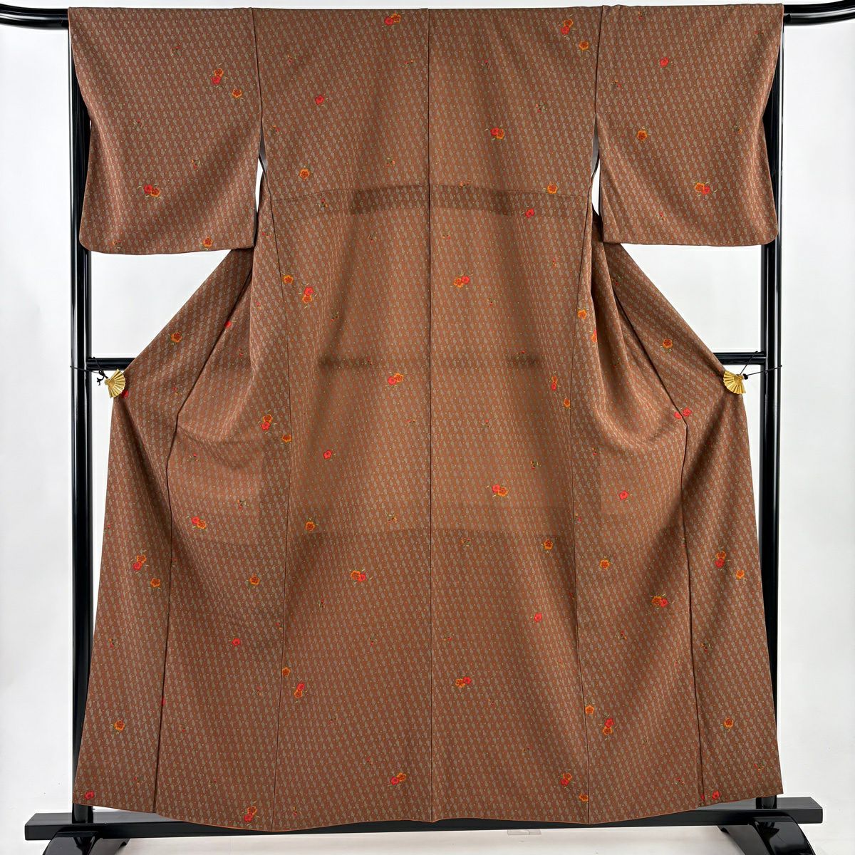 【美品】 小紋 身長158.5cm 袖長65cm M 雙層 袋帶套裝 貓 草花紋 茶 純蠶絲 秀品級