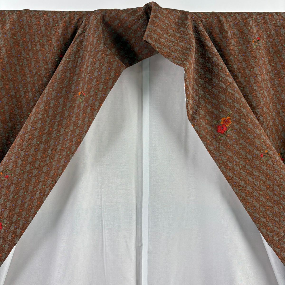 【美品】 小紋 身長158.5cm 袖長65cm M 雙層 袋帶套裝 貓 草花紋 茶 純蠶絲 秀品級