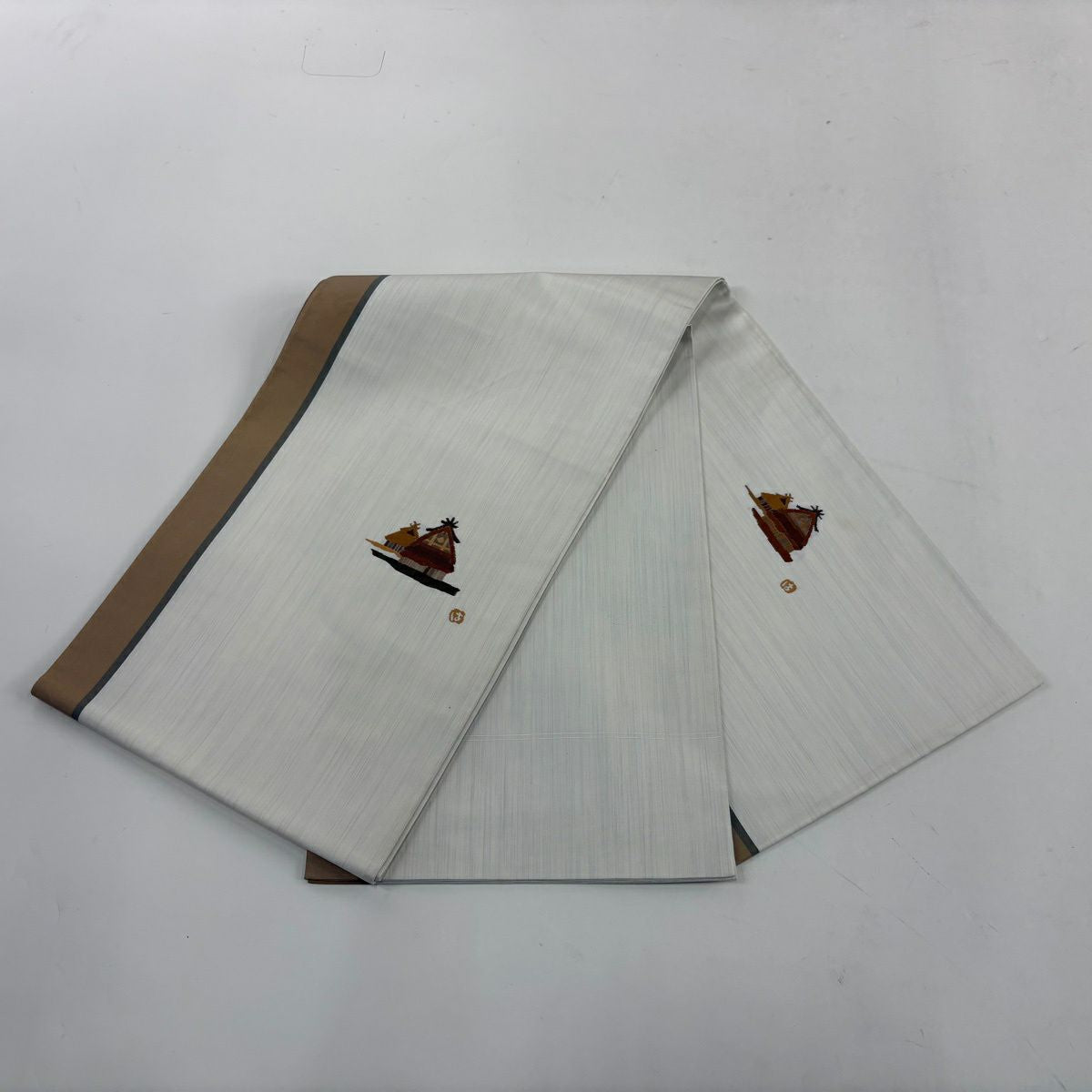 【美品】 小紋 身長158.5cm 袖長65cm M 雙層 袋帶套裝 貓 草花紋 茶 純蠶絲 秀品級