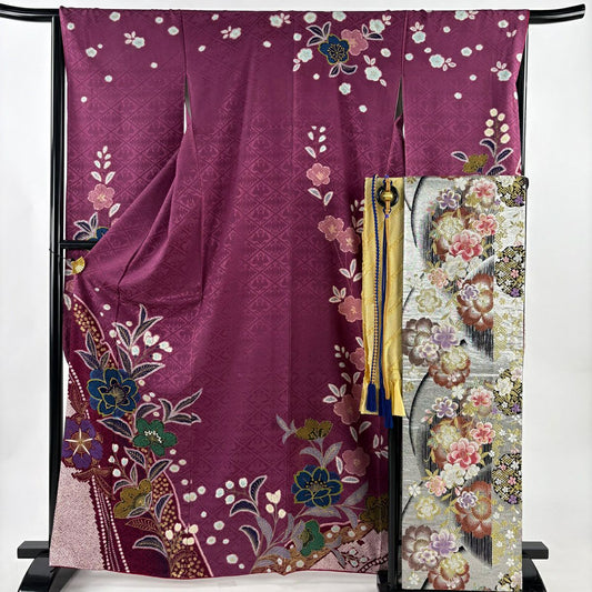 【美品】振袖禮服 身長166cm 袖長66.5cm M 雙層 袋帶全套 櫻花地紋 金彩裝飾 染分 紫 純蠶絲 優品級
