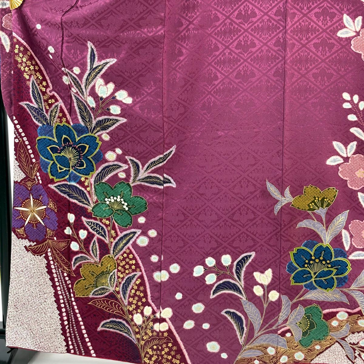 【美品】振袖禮服 身長166cm 袖長66.5cm M 雙層 袋帶全套 櫻花地紋 金彩裝飾 染分 紫 純蠶絲 優品級