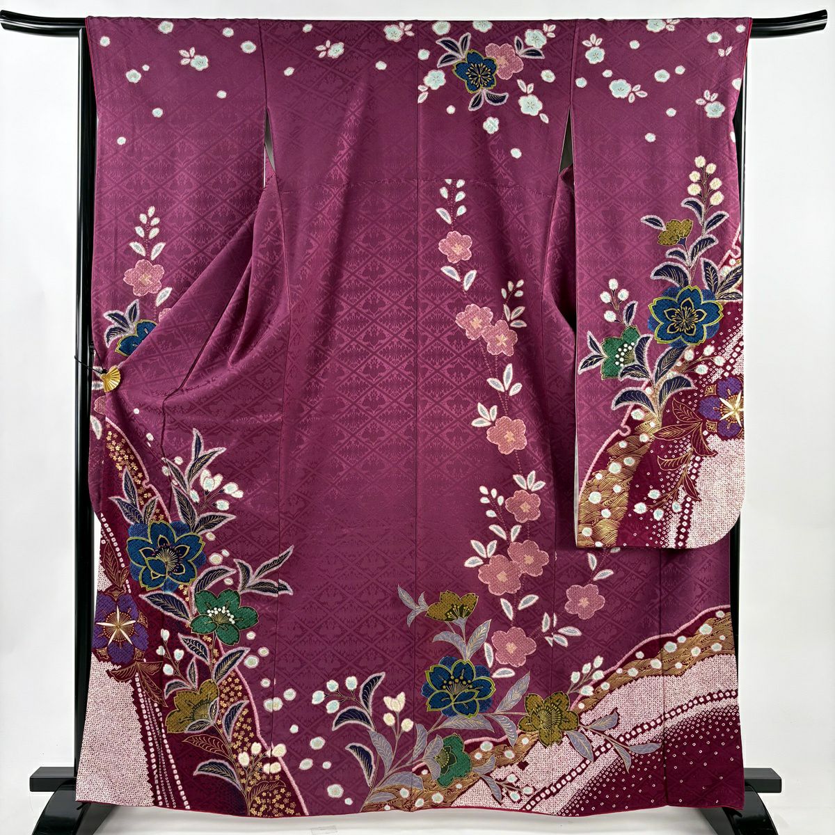 【美品】振袖禮服 身長166cm 袖長66.5cm M 雙層 袋帶全套 櫻花地紋 金彩裝飾 染分 紫 純蠶絲 優品級