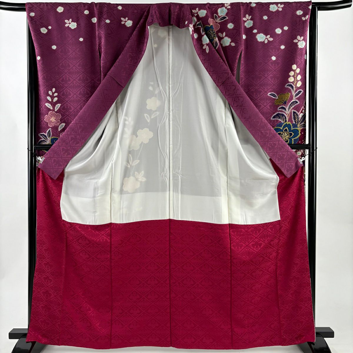 【美品】振袖禮服 身長166cm 袖長66.5cm M 雙層 袋帶全套 櫻花地紋 金彩裝飾 染分 紫 純蠶絲 優品級
