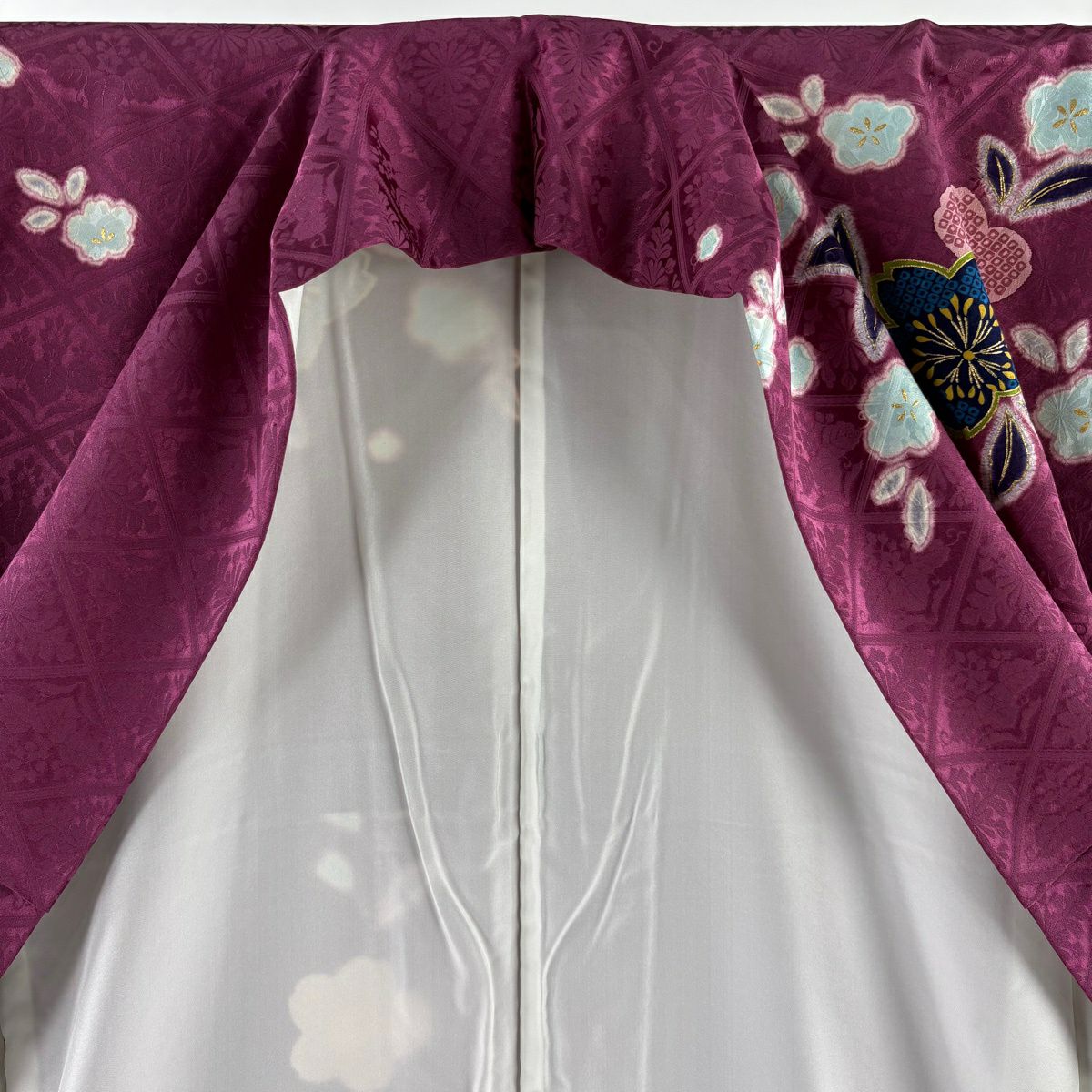 【美品】振袖禮服 身長166cm 袖長66.5cm M 雙層 袋帶全套 櫻花地紋 金彩裝飾 染分 紫 純蠶絲 優品級