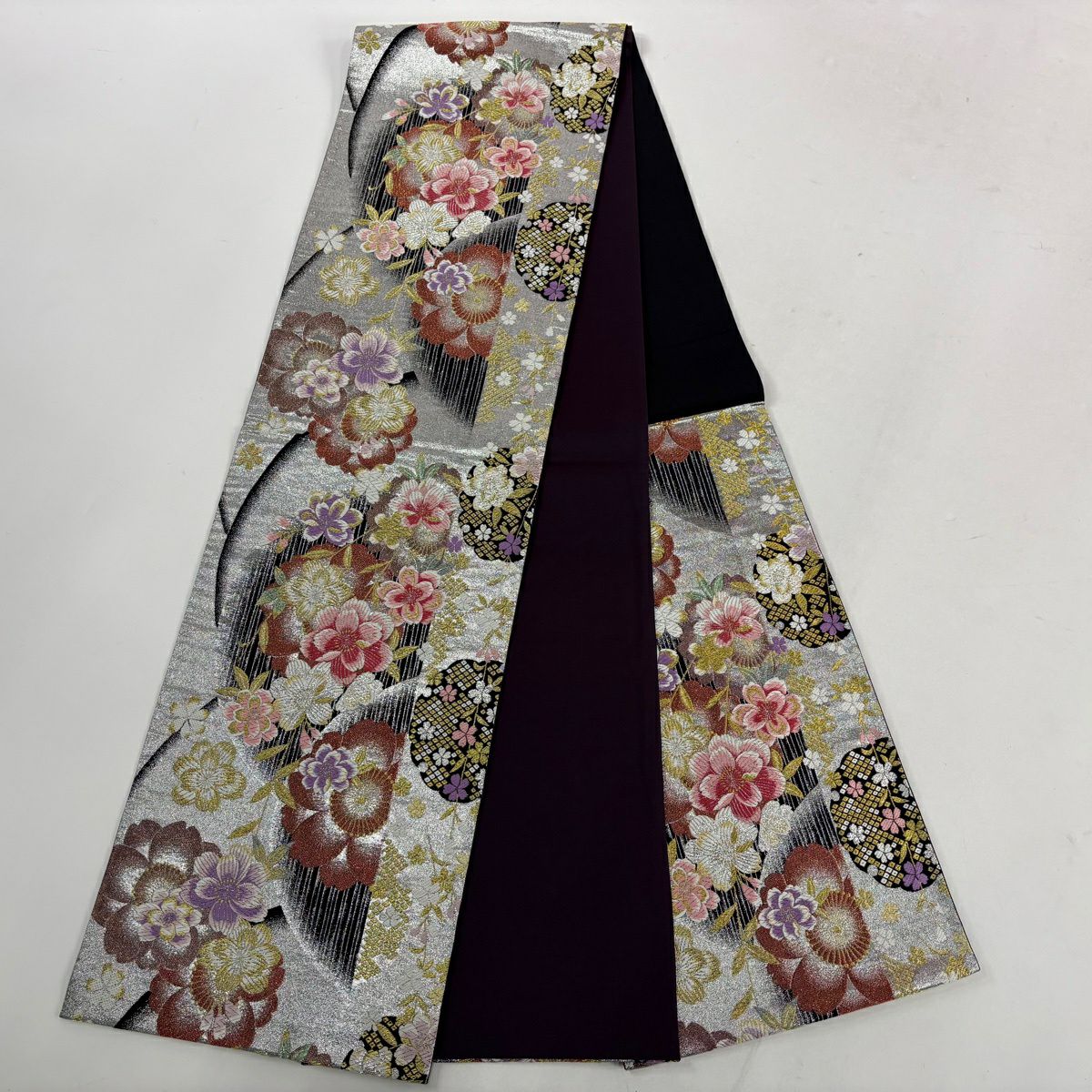 【美品】振袖禮服 身長166cm 袖長66.5cm M 雙層 袋帶全套 櫻花地紋 金彩裝飾 染分 紫 純蠶絲 優品級
