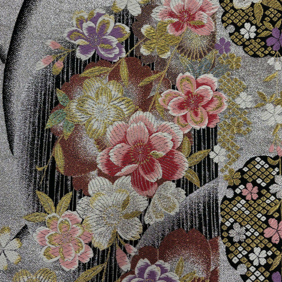 【美品】振袖禮服 身長166cm 袖長66.5cm M 雙層 袋帶全套 櫻花地紋 金彩裝飾 染分 紫 純蠶絲 優品級