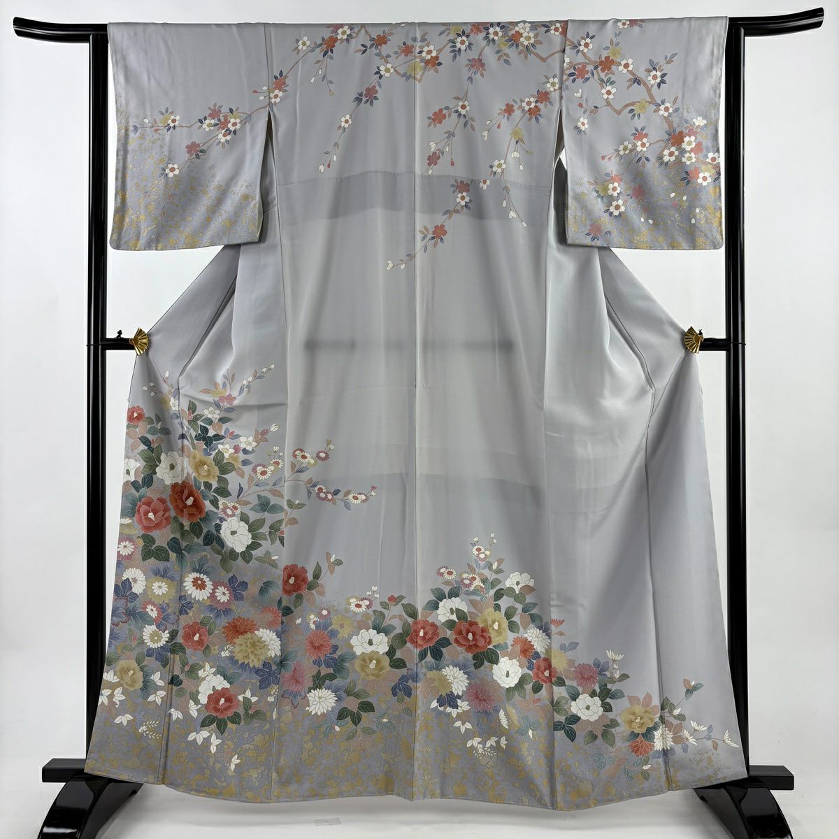 訪問服 身長162cm 袖長63.5cm S 雙層 椿 菊花 金彩裝飾 灰 純蠶絲 秀品級