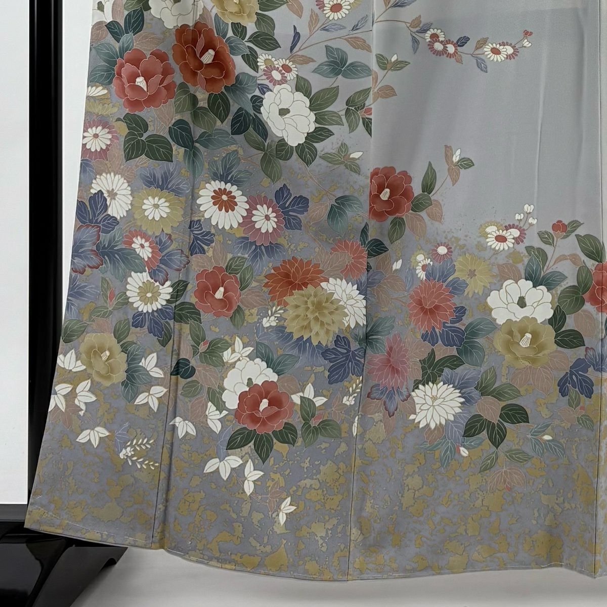 訪問服 身長162cm 袖長63.5cm S 雙層 椿 菊花 金彩裝飾 灰 純蠶絲 秀品級
