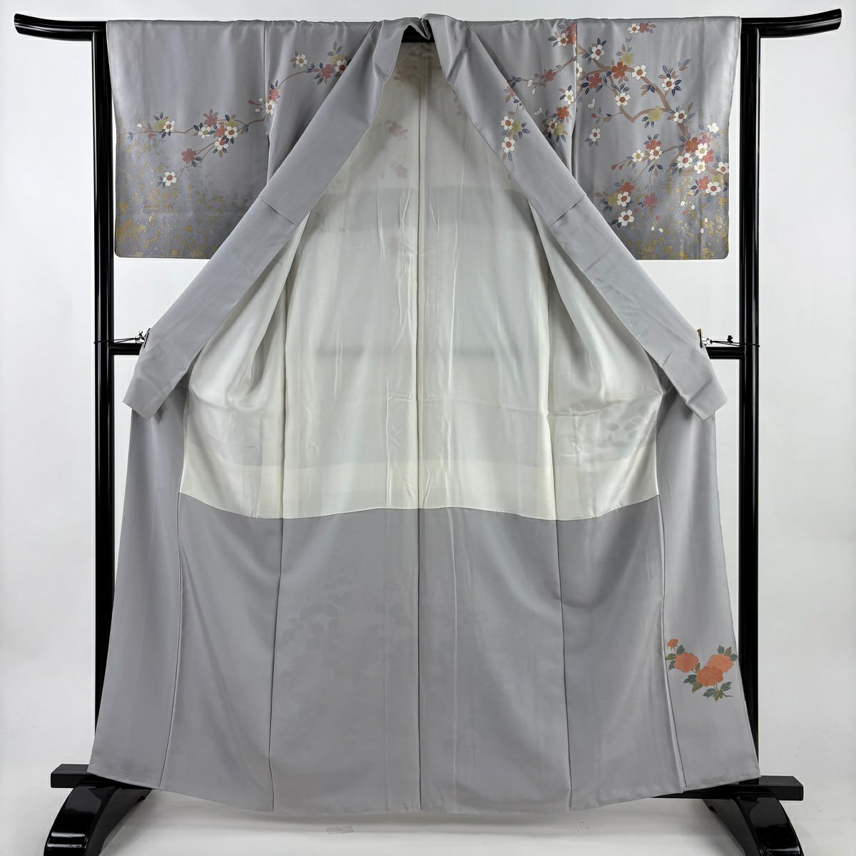 訪問服 身長162cm 袖長63.5cm S 雙層 椿 菊花 金彩裝飾 灰 純蠶絲 秀品級