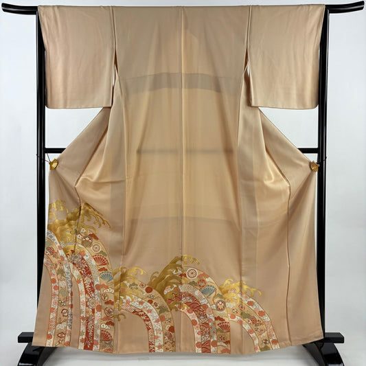 色留袖禮服 身長165.5cm 袖長65cm M 雙層 波頭 寶盡くし 金絲 金銀彩 米色 純蠶絲 優品級 一つ紋