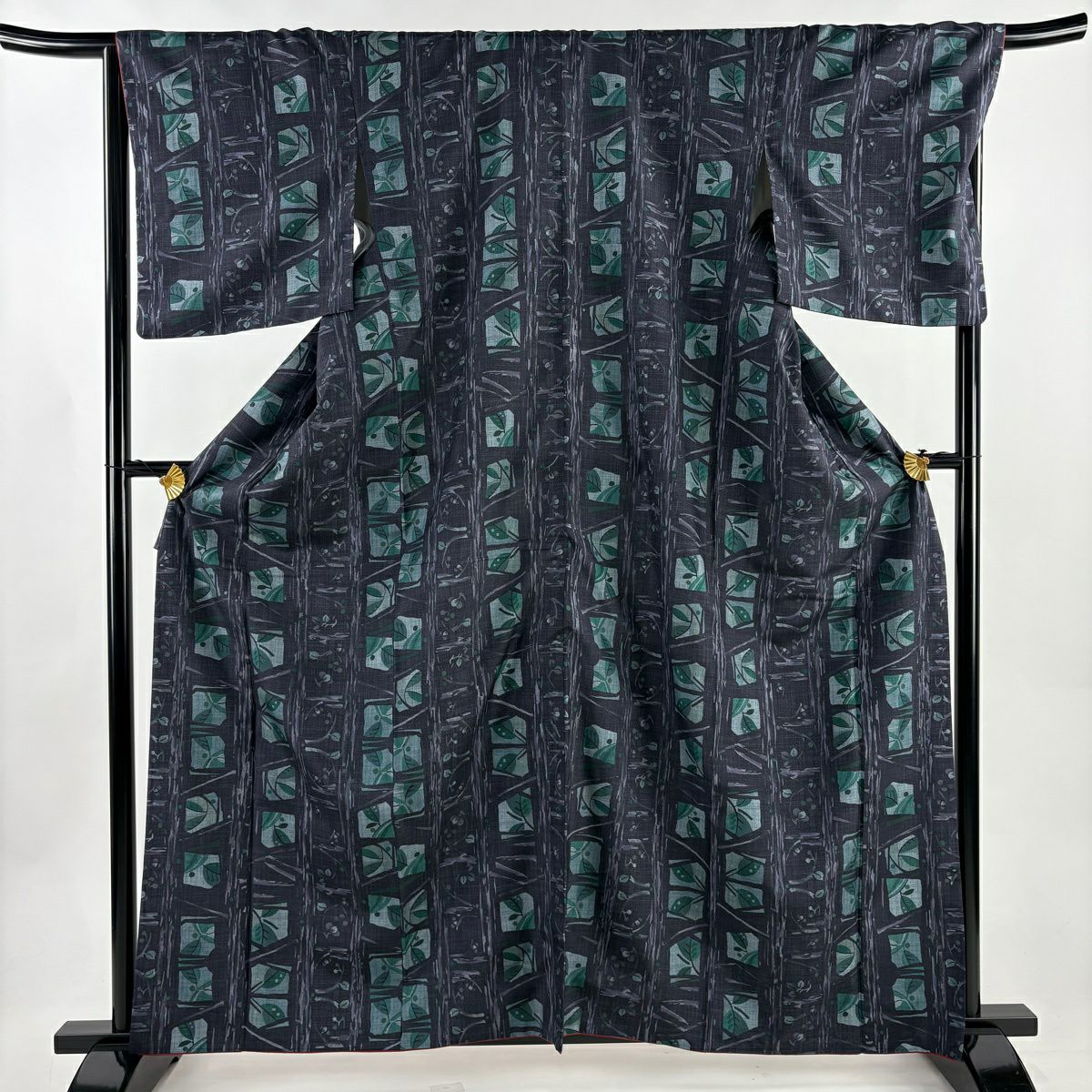 【美品】 小紋 身長162cm 袖長68cm L 雙層 紬織織 葉柄 枝葉 濃紫 純蠶絲 秀品級