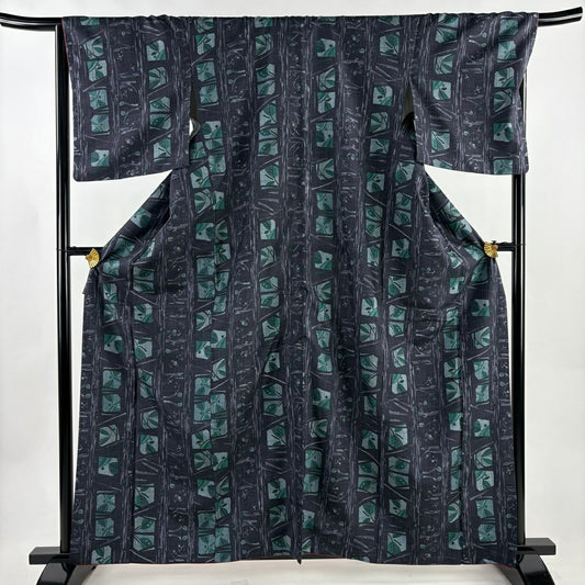 【美品】 小紋 身長162cm 袖長68cm L 雙層 紬織織 葉柄 枝葉 濃紫 純蠶絲 秀品級