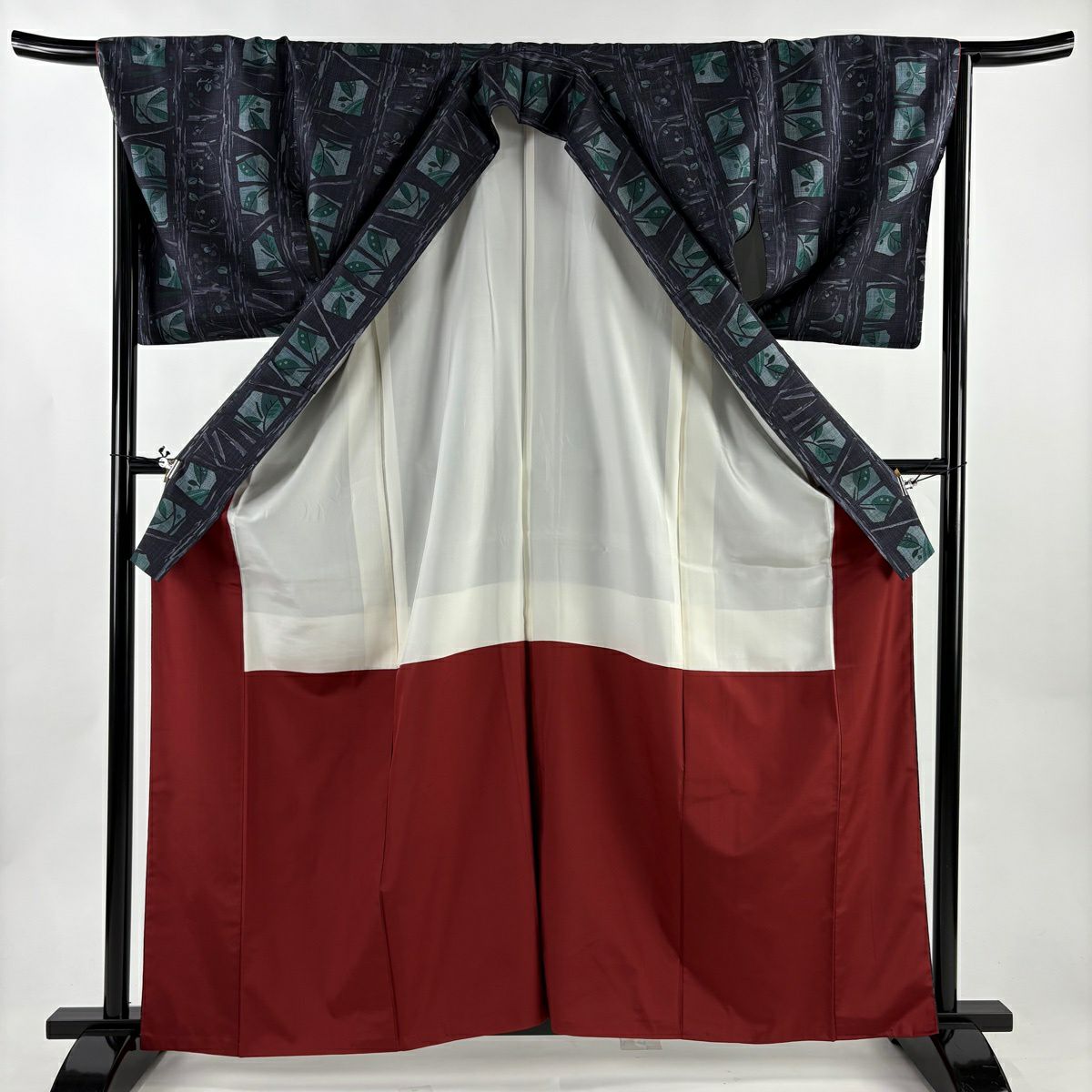 【美品】 小紋 身長162cm 袖長68cm L 雙層 紬織織 葉柄 枝葉 濃紫 純蠶絲 秀品級