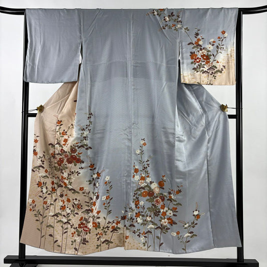 訪問服 身長151.5cm 袖長65.5cm M 雙層 秋草 梅花 金銀彩 染分 青灰 純蠶絲 秀品級