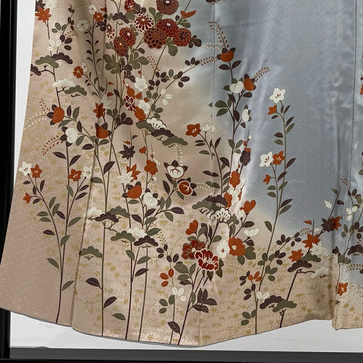 訪問服 身長151.5cm 袖長65.5cm M 雙層 秋草 梅花 金銀彩 染分 青灰 純蠶絲 秀品級