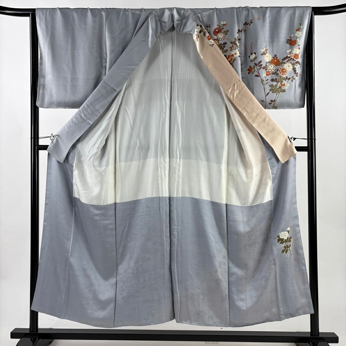 訪問服 身長151.5cm 袖長65.5cm M 雙層 秋草 梅花 金銀彩 染分 青灰 純蠶絲 秀品級