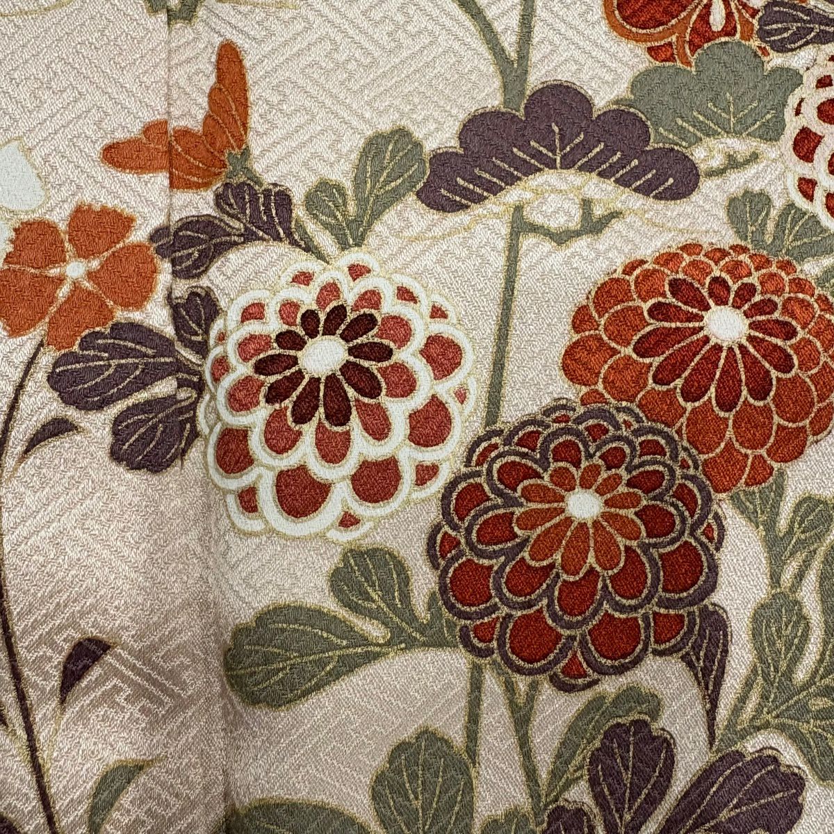 訪問服 身長151.5cm 袖長65.5cm M 雙層 秋草 梅花 金銀彩 染分 青灰 純蠶絲 秀品級