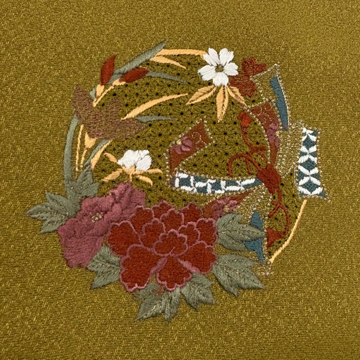 付下 身長157cm 袖長62.5cm S 雙層 花丸紋 束帶熨斗紋 刺繡 金線 茶綠 純蠶絲 優品級