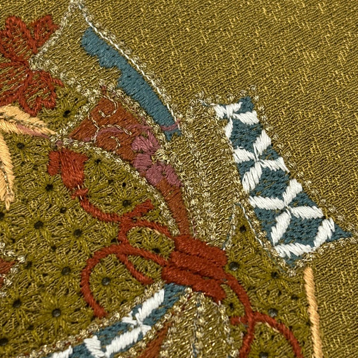 付下 身長157cm 袖長62.5cm S 雙層 花丸紋 束帶熨斗紋 刺繡 金線 茶綠 純蠶絲 優品級