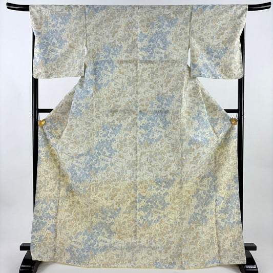 【美品】 付下 身長173cm 袖長67.5cm L 雙層 可洗和服 草花紋紋 漸層 奶油色 化纖 優品級