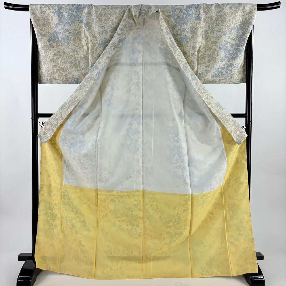 【美品】 付下 身長173cm 袖長67.5cm L 雙層 可洗和服 草花紋紋 漸層 奶油色 化纖 優品級