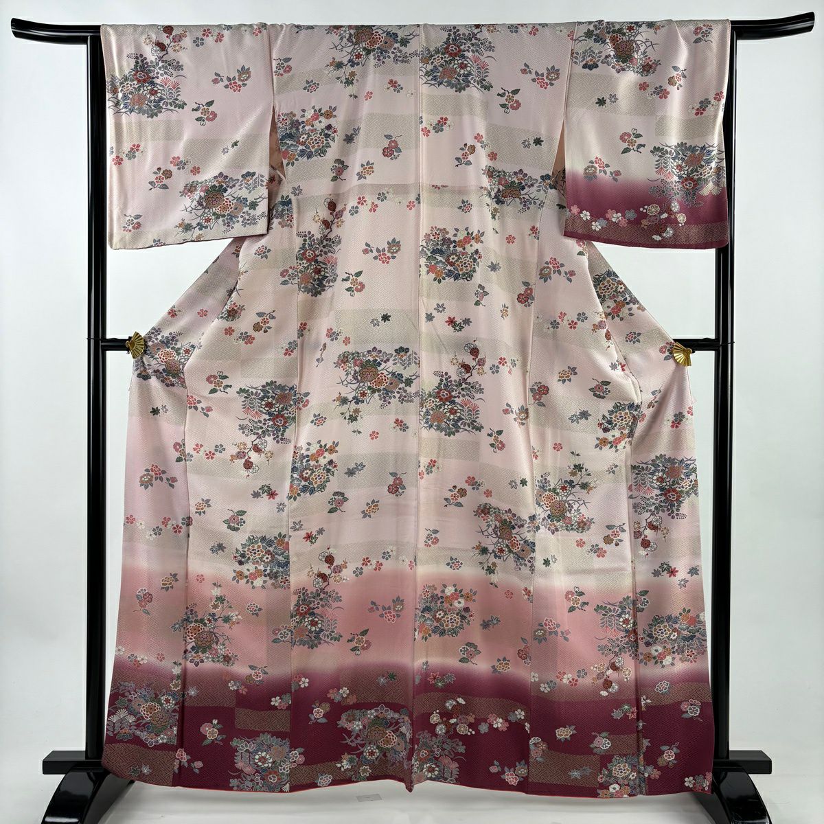 【美品】 付下 身長164.5cm 袖長66cm M 雙層 草花紋紋 紗綾形 金銀彩 漸層 淺粉色 純蠶絲 優品級