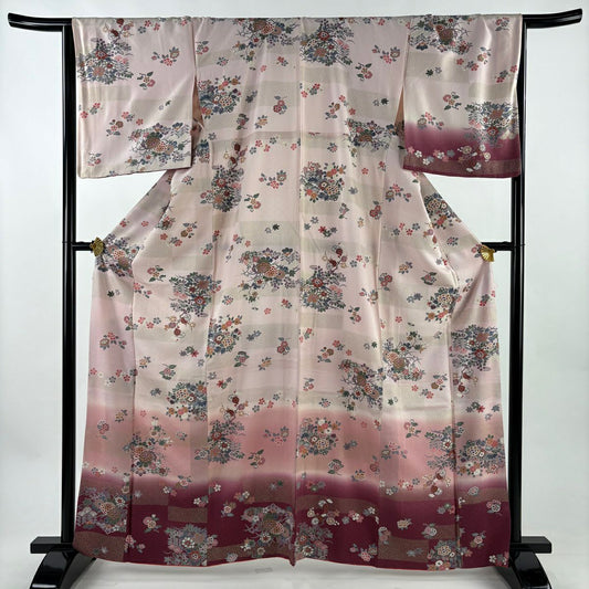 【美品】 付下 身長164.5cm 袖長66cm M 雙層 草花紋紋 紗綾形 金銀彩 漸層 淺粉色 純蠶絲 優品級