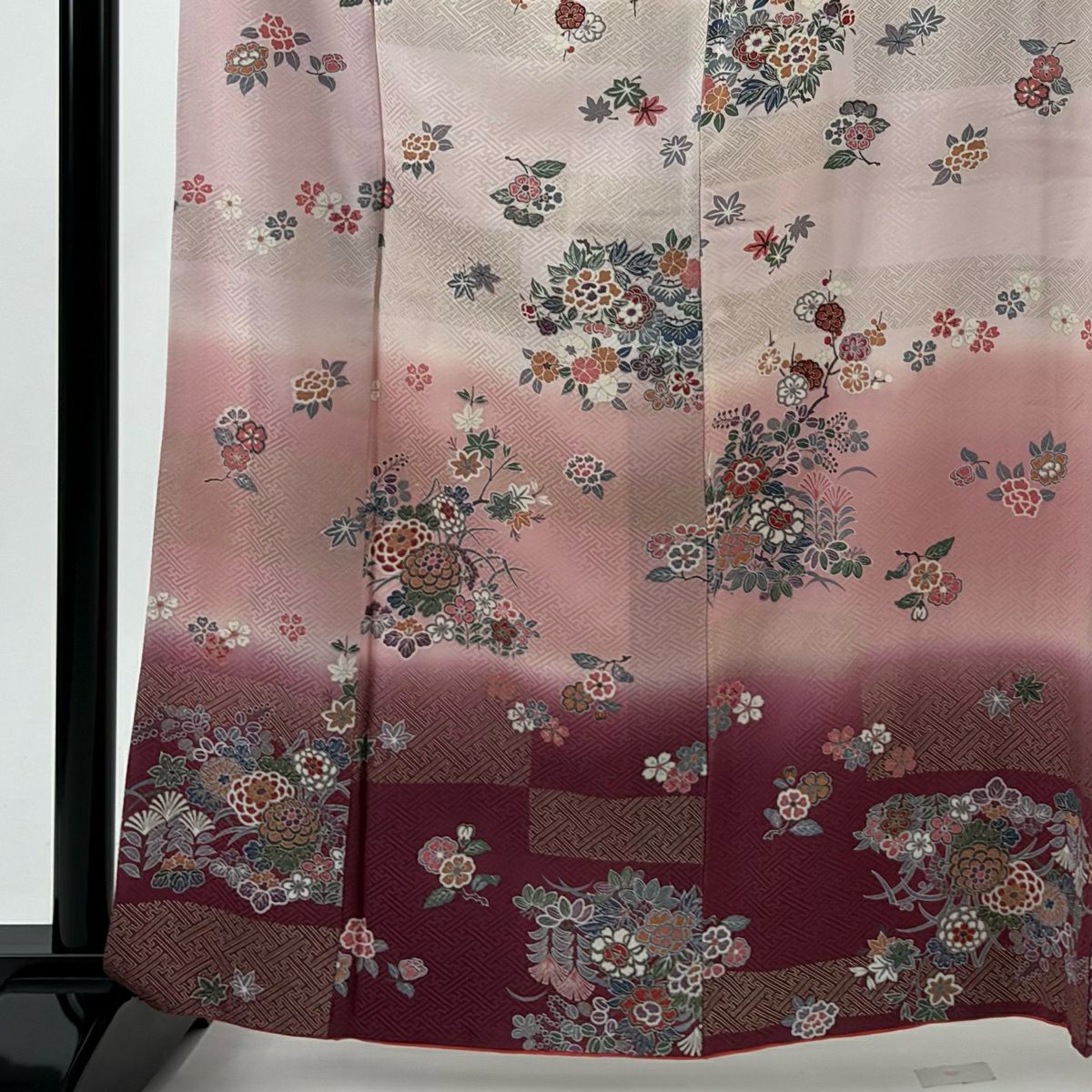 【美品】 付下 身長164.5cm 袖長66cm M 雙層 草花紋紋 紗綾形 金銀彩 漸層 淺粉色 純蠶絲 優品級