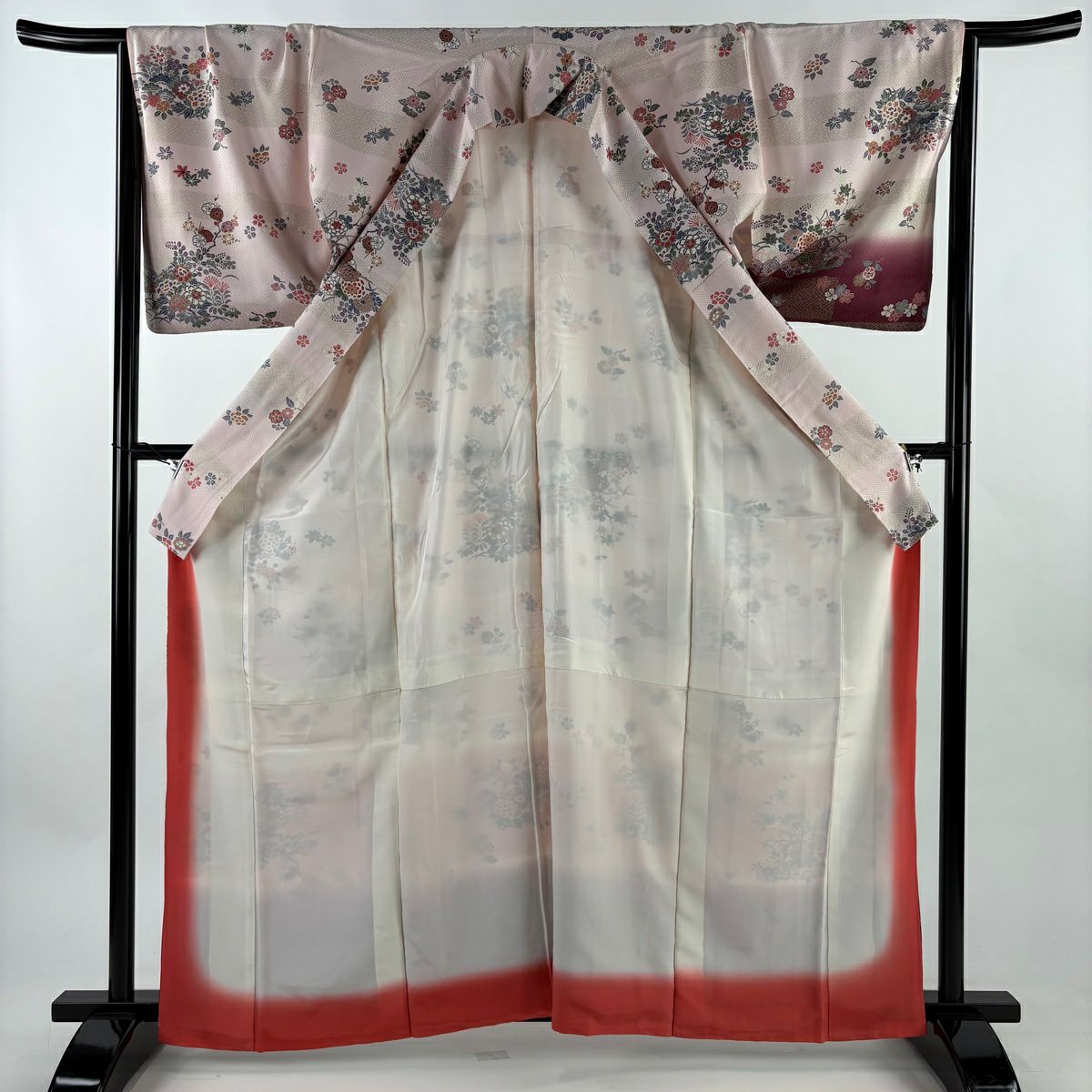 【美品】 付下 身長164.5cm 袖長66cm M 雙層 草花紋紋 紗綾形 金銀彩 漸層 淺粉色 純蠶絲 優品級