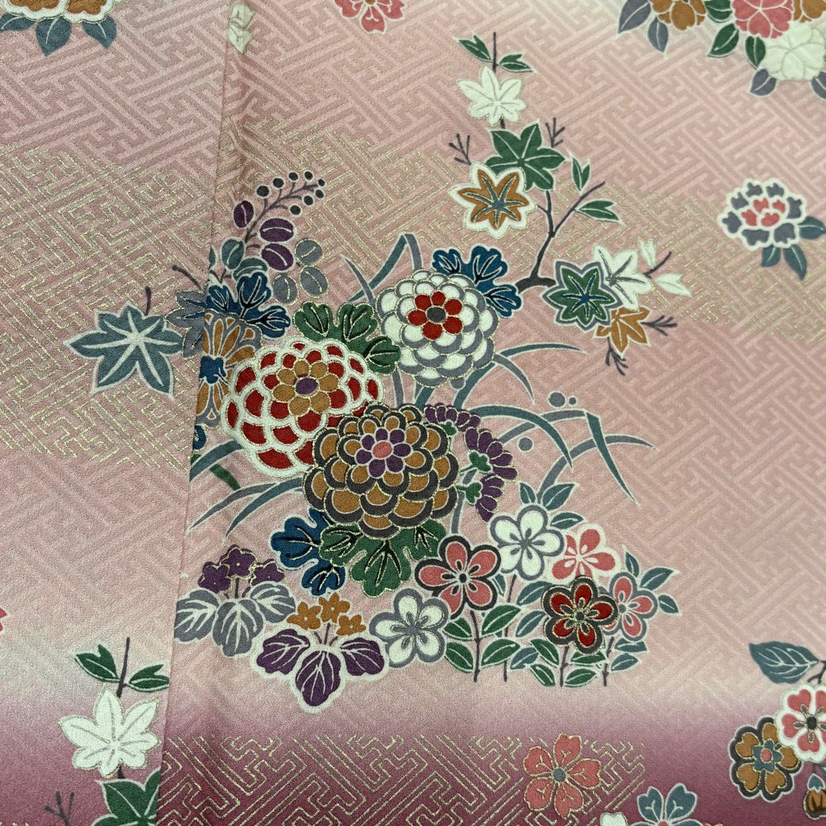 【美品】 付下 身長164.5cm 袖長66cm M 雙層 草花紋紋 紗綾形 金銀彩 漸層 淺粉色 純蠶絲 優品級
