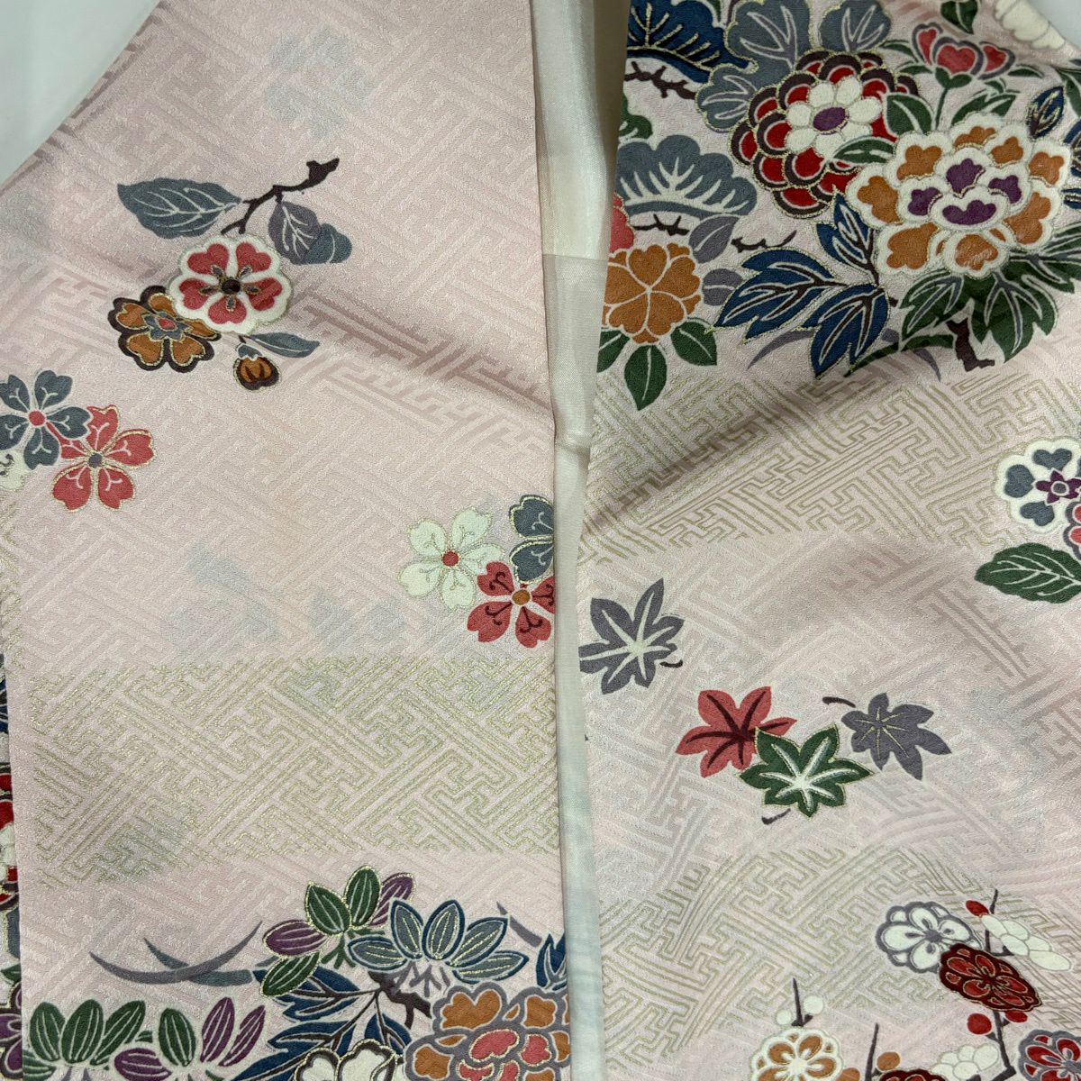 【美品】 付下 身長164.5cm 袖長66cm M 雙層 草花紋紋 紗綾形 金銀彩 漸層 淺粉色 純蠶絲 優品級