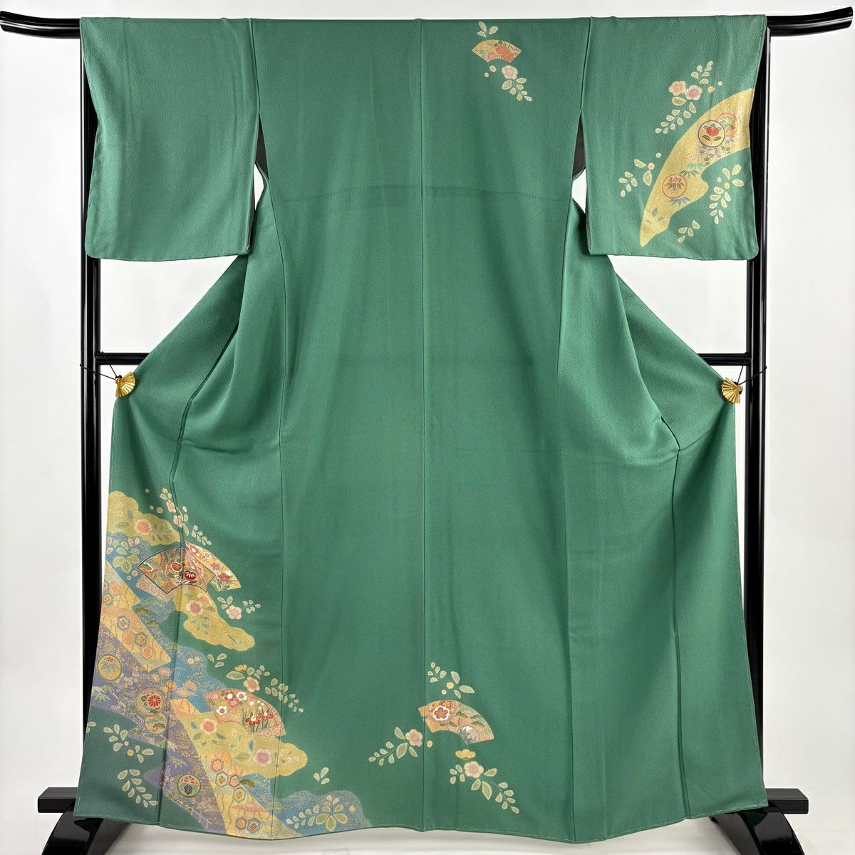 付下 身長165cm 袖長66cm M 雙層 扇子面 草花紋紋 金銀彩 綠 純蠶絲 秀品級
