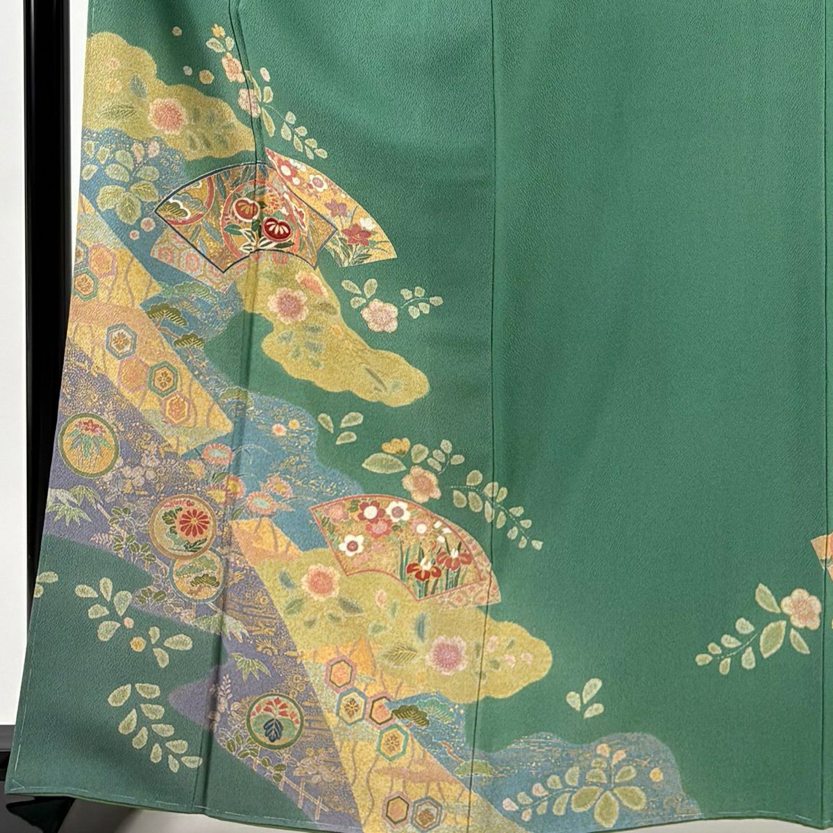付下 身長165cm 袖長66cm M 雙層 扇子面 草花紋紋 金銀彩 綠 純蠶絲 秀品級
