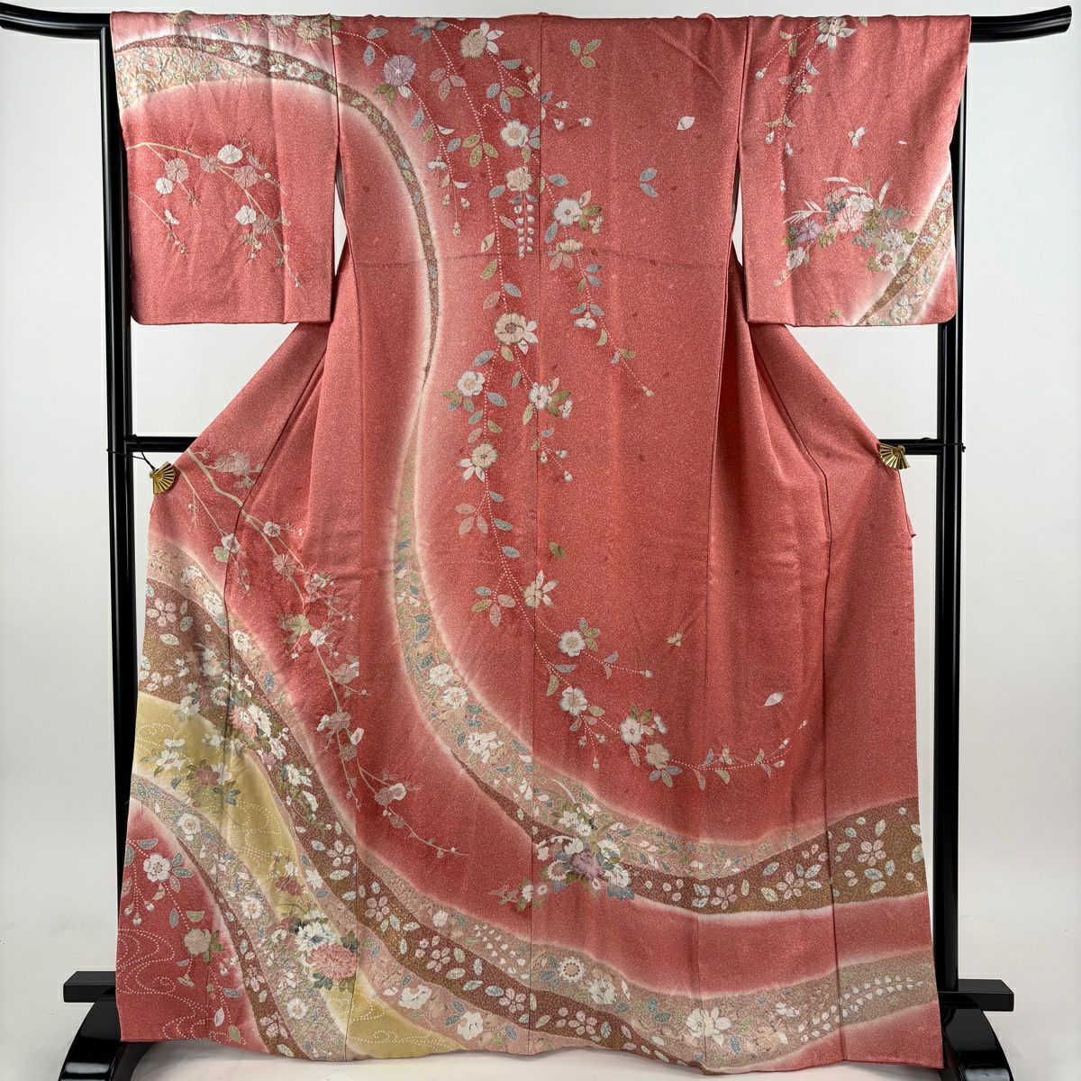 訪問服 身長167.5cm 袖長66.5cm M 雙層 菊花花 櫻花 金彩裝飾 漸層 粉紅 純蠶絲 優品級