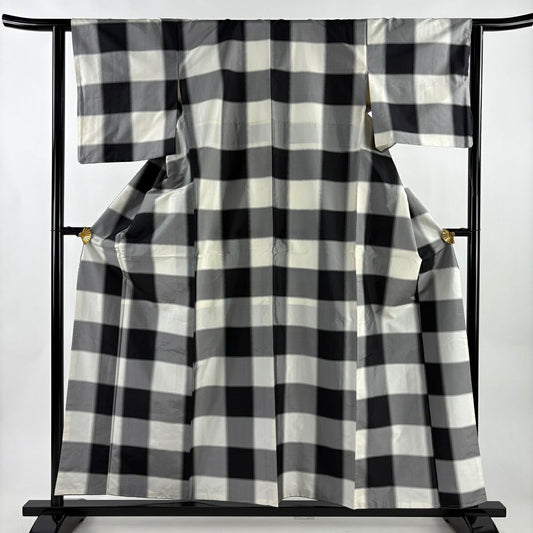 【美品】 大島紬織 身長158cm 袖長62cm S 雙層 證書齊全 格子 灰色 純蠶絲 優品級