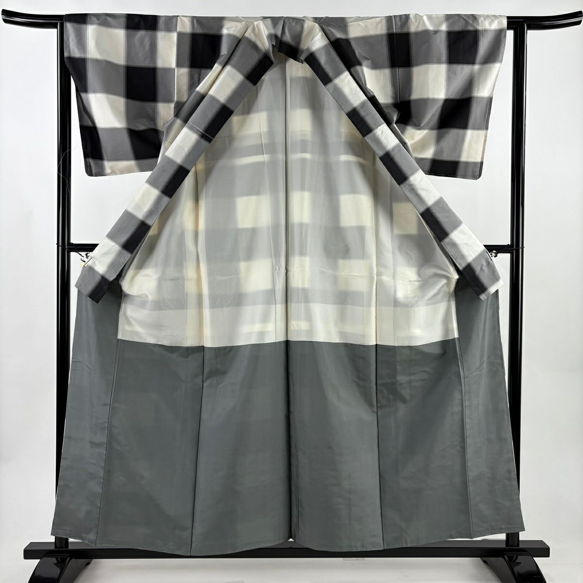 【美品】 大島紬織 身長158cm 袖長62cm S 雙層 證書齊全 格子 灰色 純蠶絲 優品級