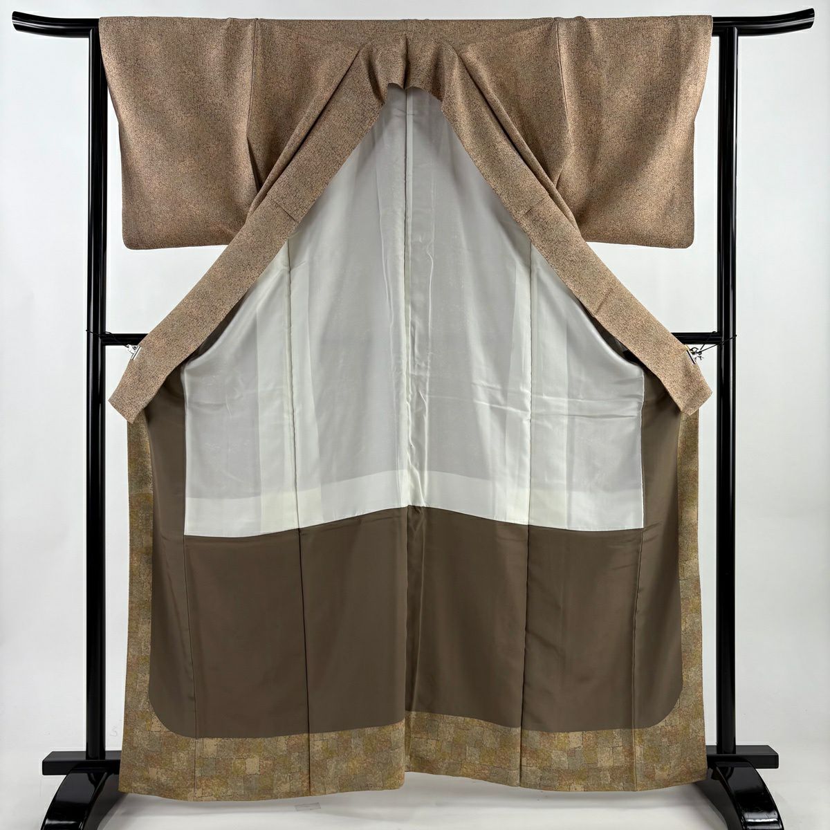 【美品】 付下 身長163.5cm 袖長63cm S 雙層 七寶紋 葉柄 金線 淺橙色 純蠶絲 優品級