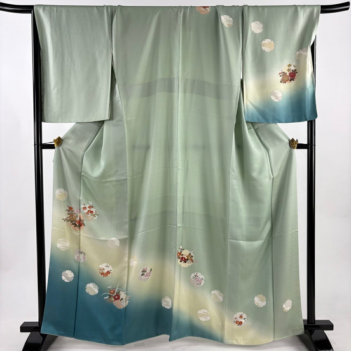 訪問服 身長162.5cm 袖長71cm L 雙層 雪輪 草花紋紋 金糸刺繡 薄綠 純蠶絲 秀品級