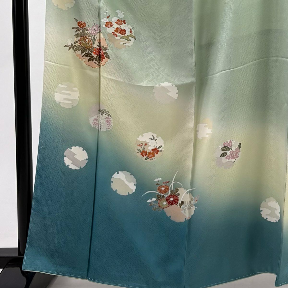 訪問服 身長162.5cm 袖長71cm L 雙層 雪輪 草花紋紋 金糸刺繡 薄綠 純蠶絲 秀品級