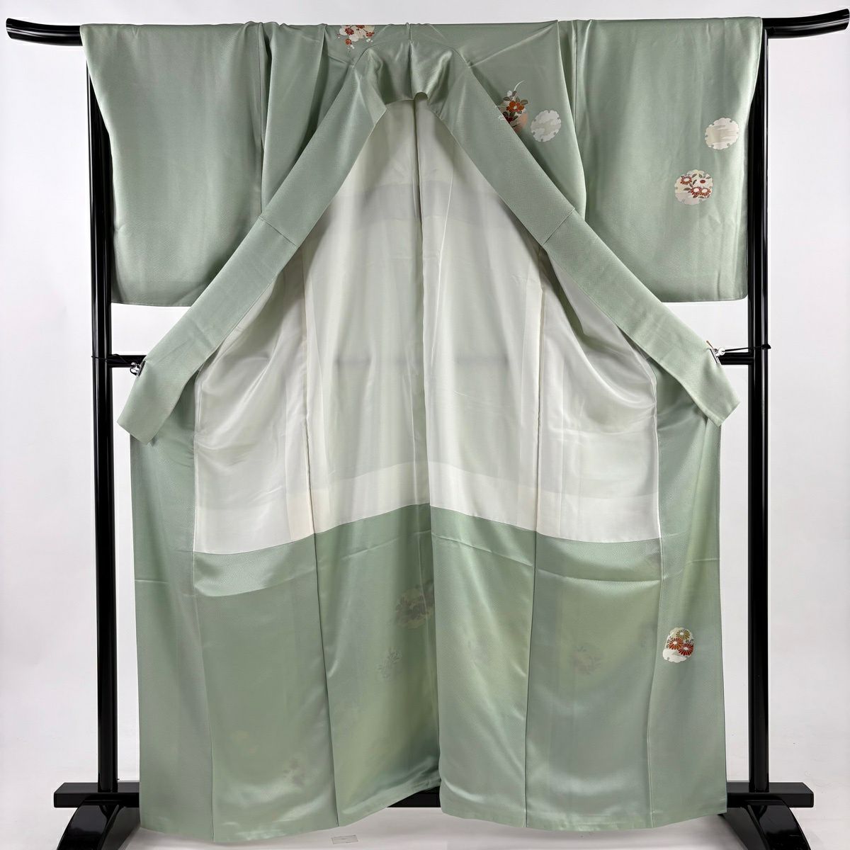 訪問服 身長162.5cm 袖長71cm L 雙層 雪輪 草花紋紋 金糸刺繡 薄綠 純蠶絲 秀品級