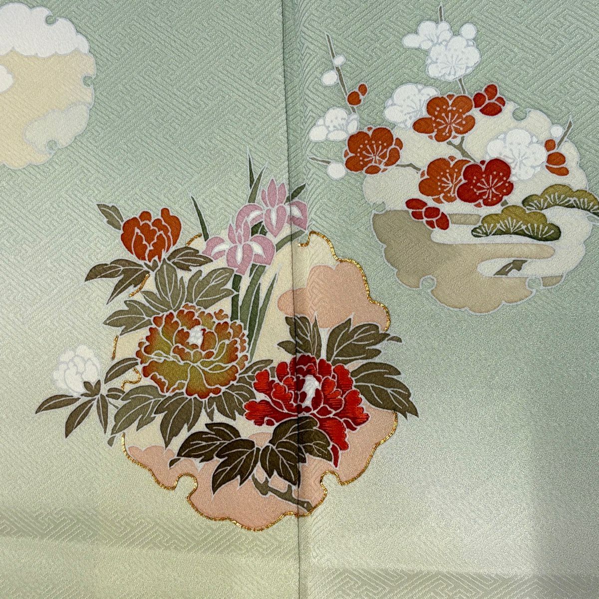 訪問服 身長162.5cm 袖長71cm L 雙層 雪輪 草花紋紋 金糸刺繡 薄綠 純蠶絲 秀品級
