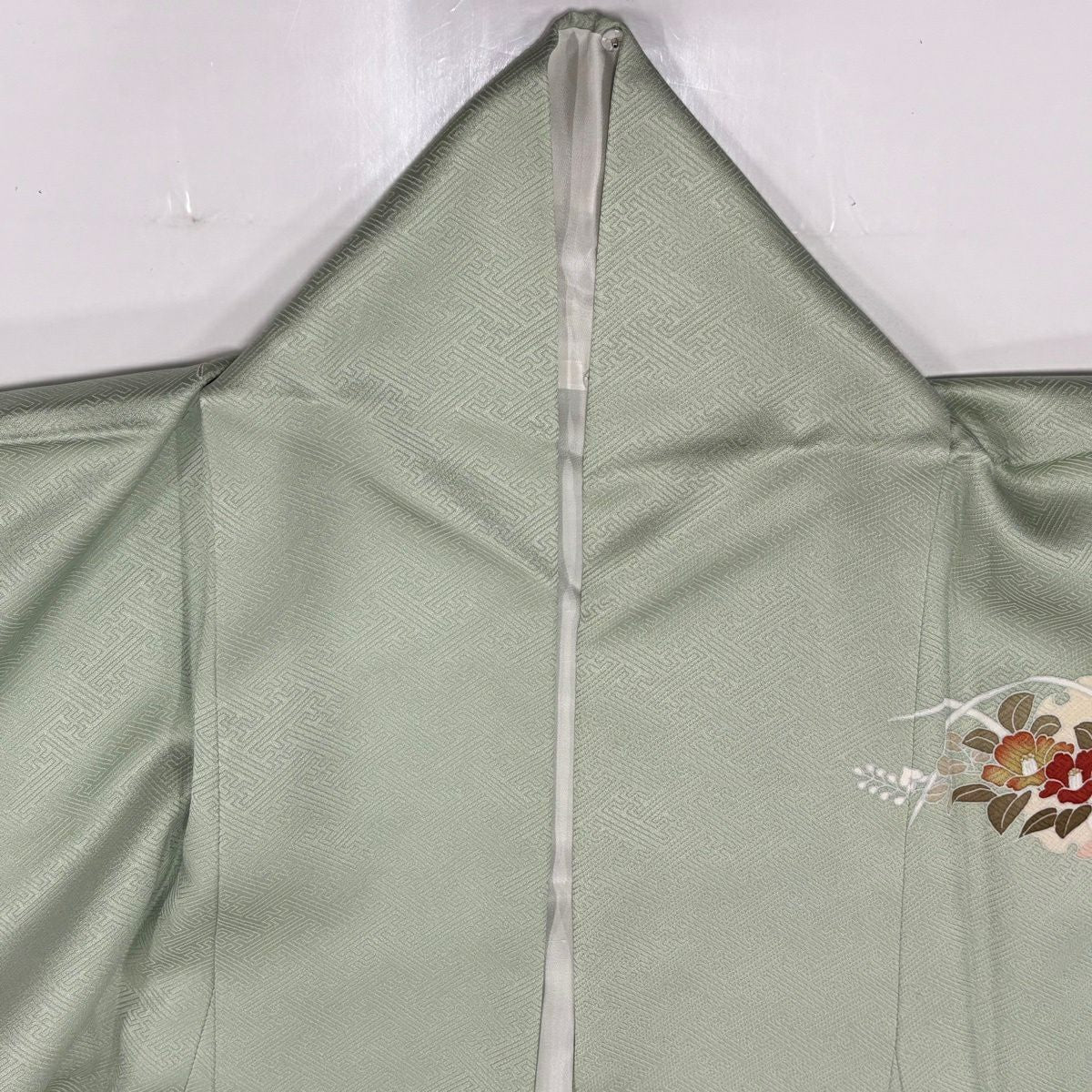 訪問服 身長162.5cm 袖長71cm L 雙層 雪輪 草花紋紋 金糸刺繡 薄綠 純蠶絲 秀品級