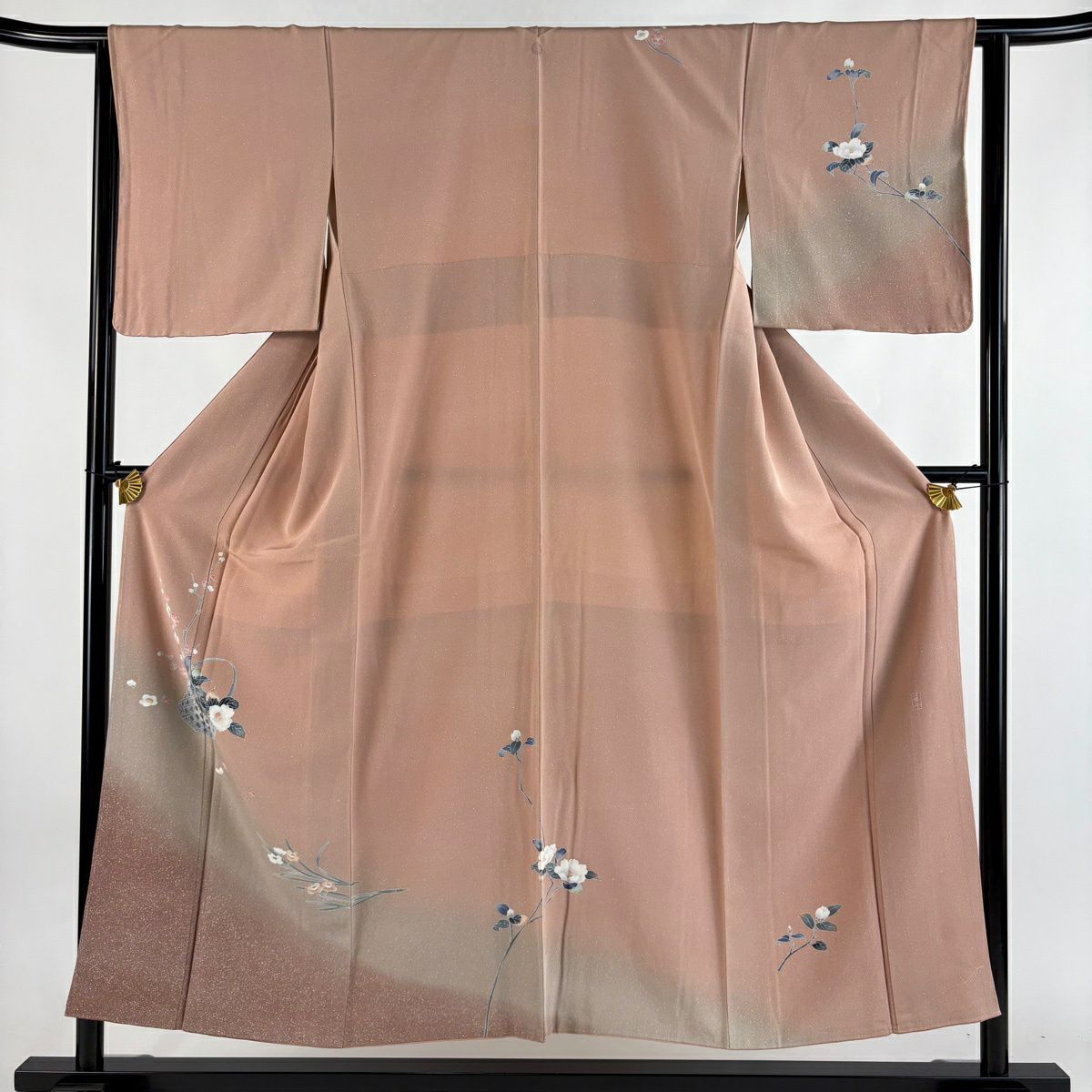 訪問服 身長151.5cm 袖長63cm S 雙層 藤舟 落款あり 花籠 草花紋紋 染分 ぼかし 粉紅 純蠶絲 秀品級 一つ紋