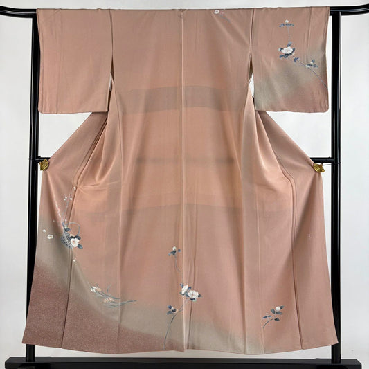 訪問服 身長151.5cm 袖長63cm S 雙層 藤舟 落款あり 花籠 草花紋紋 染分 ぼかし 粉紅 純蠶絲 秀品級 一つ紋