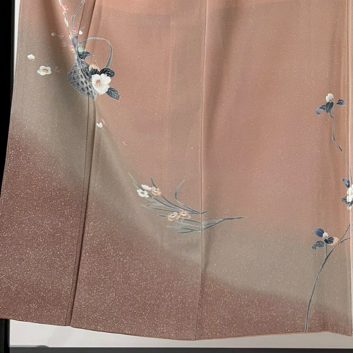 訪問服 身長151.5cm 袖長63cm S 雙層 藤舟 落款あり 花籠 草花紋紋 染分 ぼかし 粉紅 純蠶絲 秀品級 一つ紋