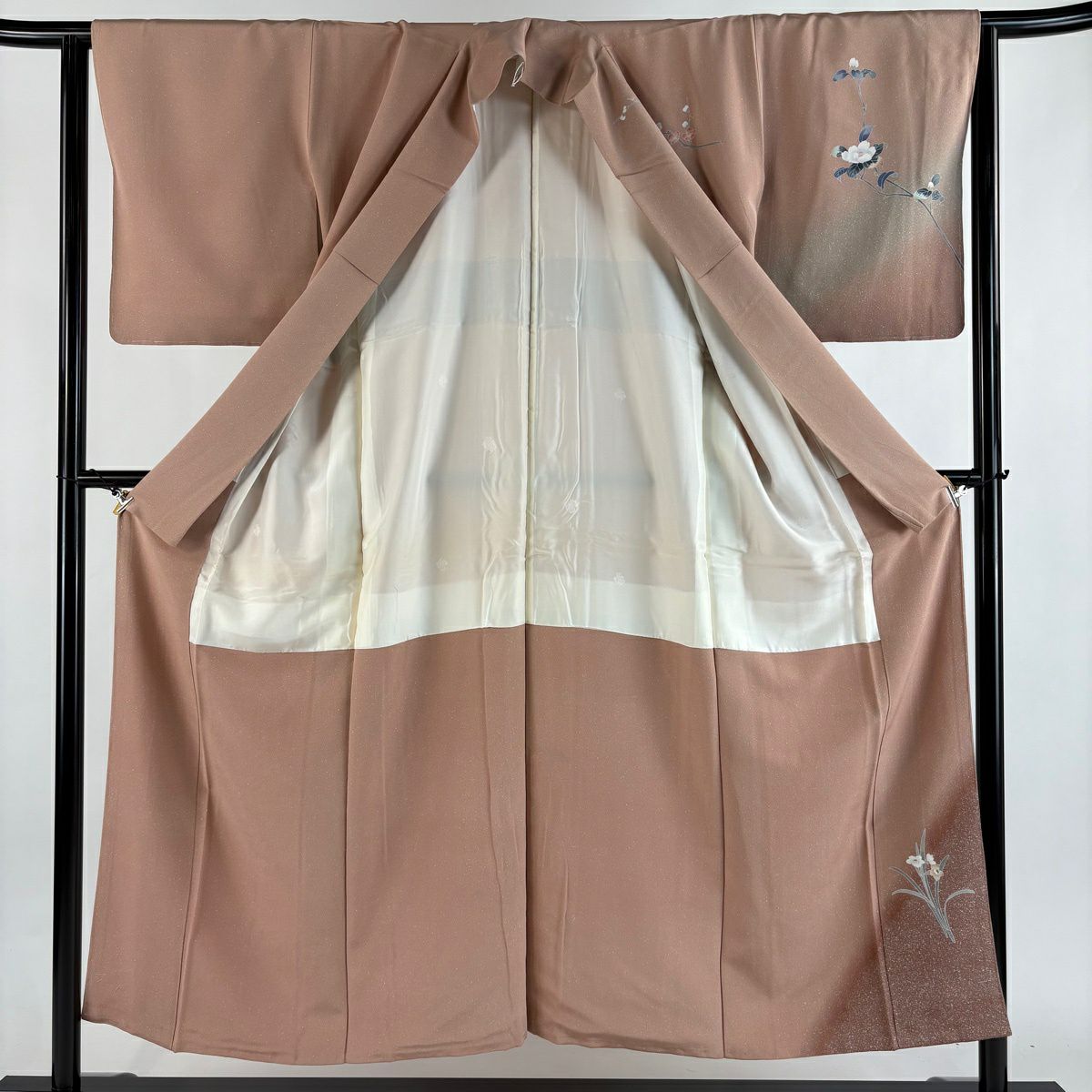 訪問服 身長151.5cm 袖長63cm S 雙層 藤舟 落款あり 花籠 草花紋紋 染分 ぼかし 粉紅 純蠶絲 秀品級 一つ紋