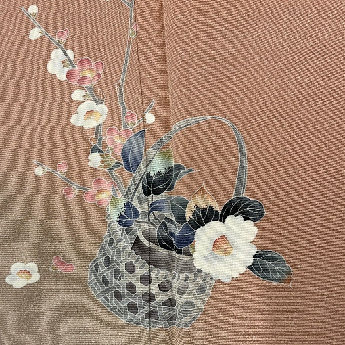 訪問服 身長151.5cm 袖長63cm S 雙層 藤舟 落款あり 花籠 草花紋紋 染分 ぼかし 粉紅 純蠶絲 秀品級 一つ紋